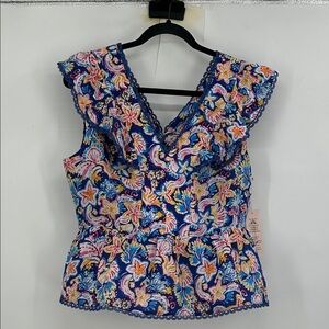 Nanette Lepore Blue and Pink Ruffled Cap Sleeve Blouse NWT Size Medium
